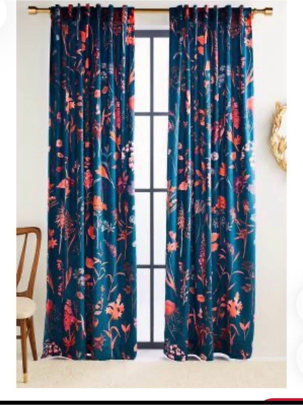 Anthropologie Teal Floral Curtain Panels with Coral Accents